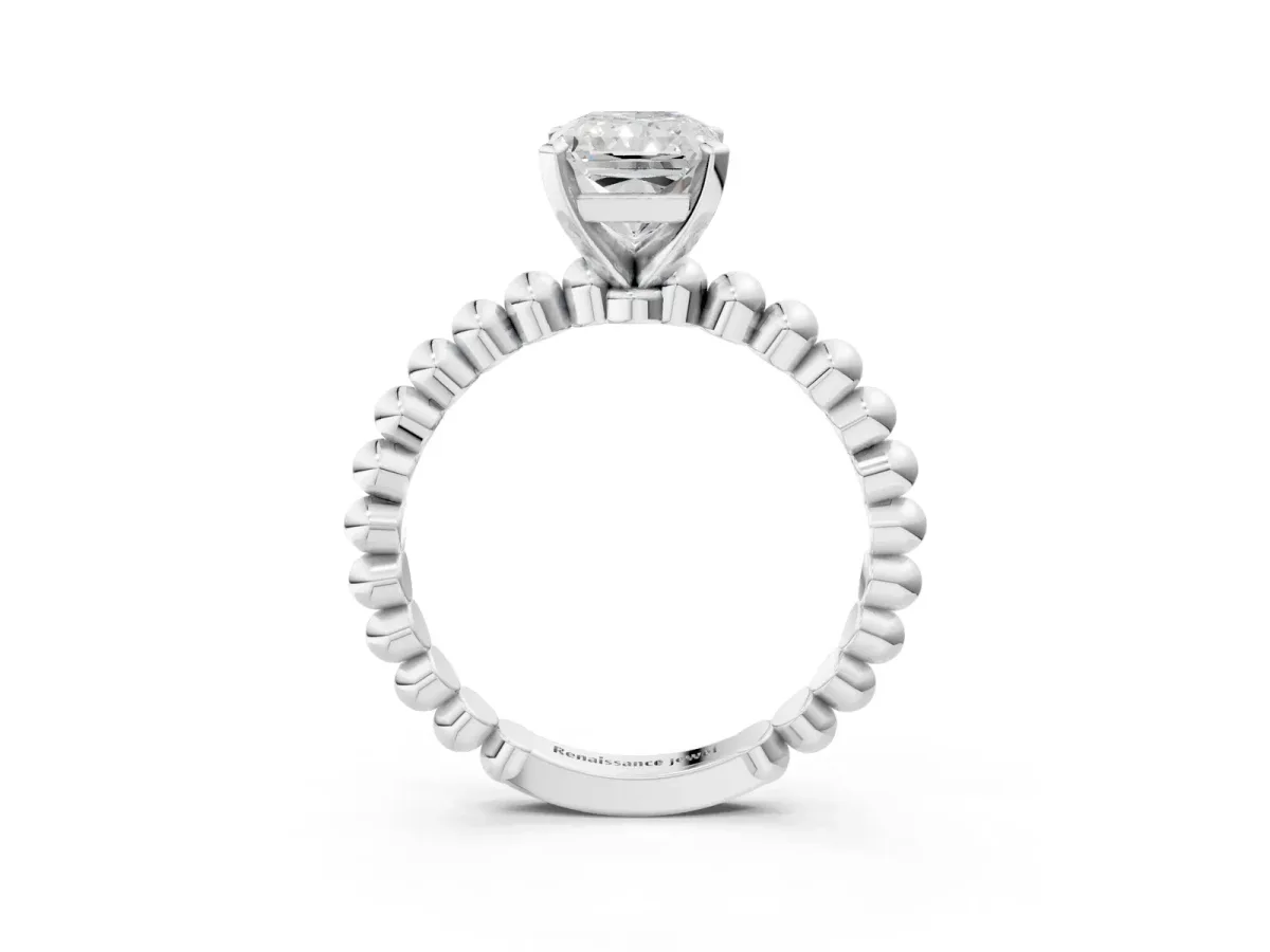 Radiant Cut Diamond Solitaire Ring with Beaded Band and Prong Setting Platinum