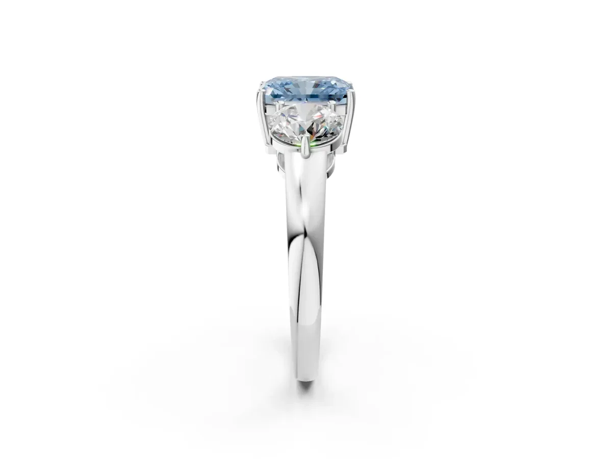 Fancy Blue Radiant Cut Diamond Three-Stone Ring with Prong Setting and Classic Band Platinum