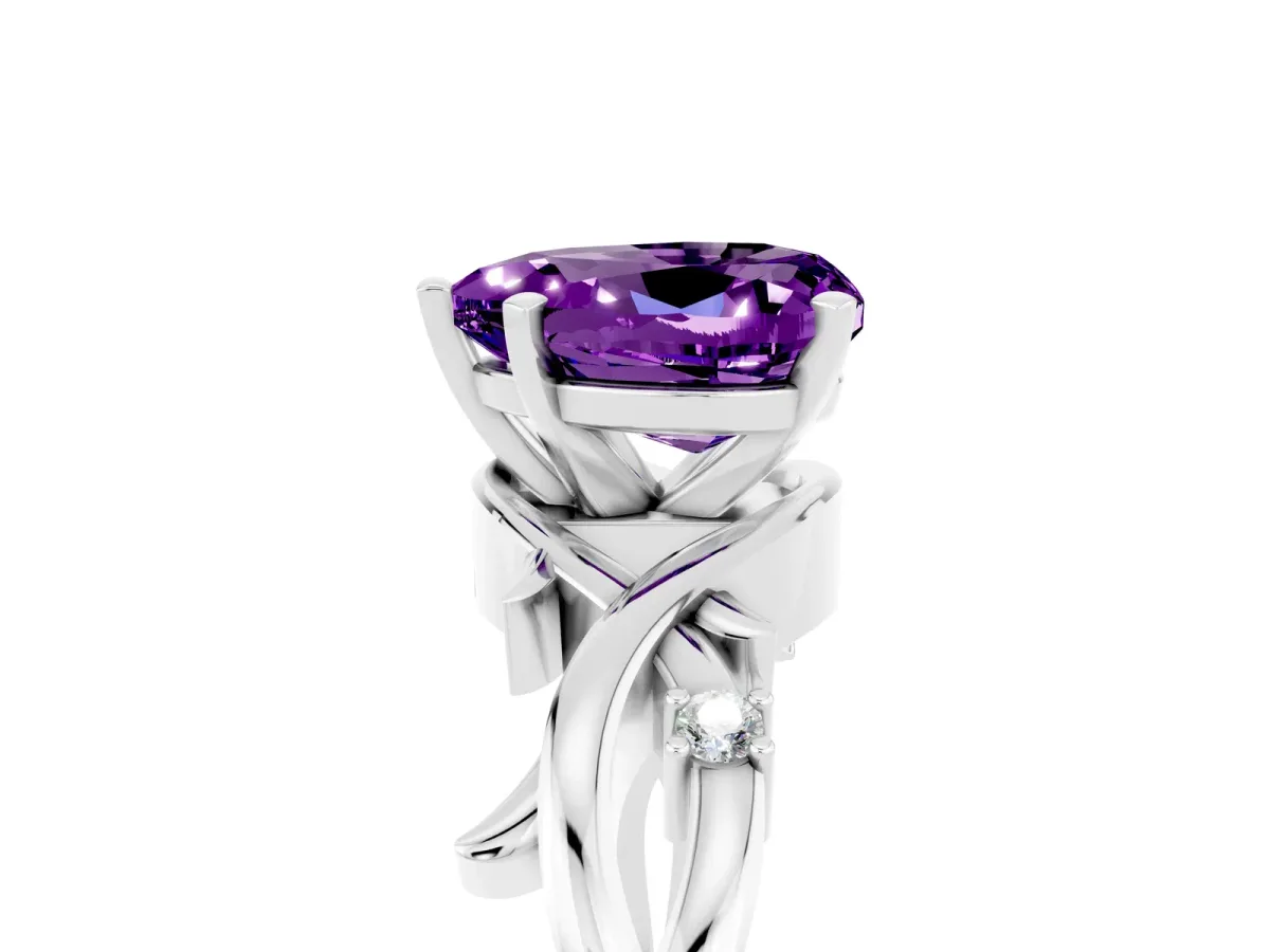 Heart Cut Amethyst Solitaire Ring with Twisted Band and Prong Setting Silver