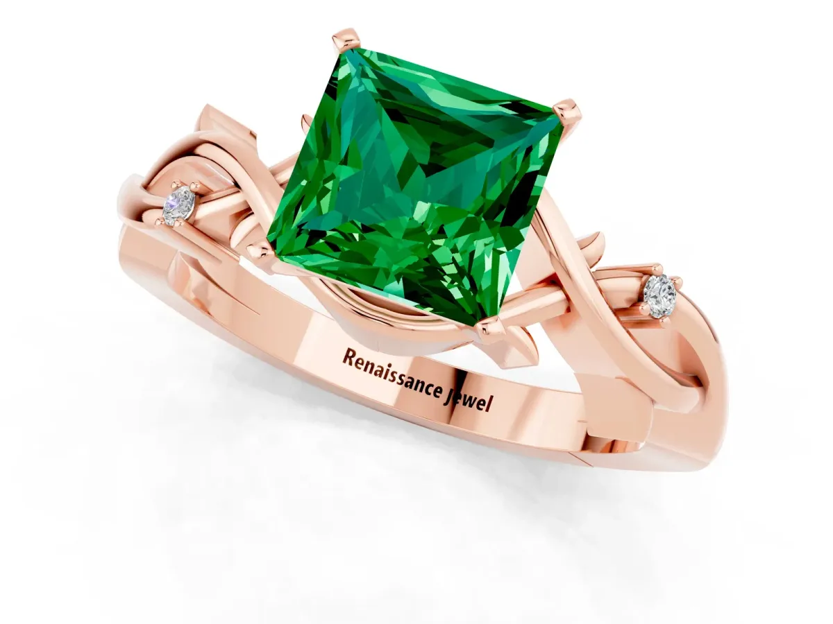 Princess Cut Emerald Solitaire Ring with Twisted Band and Prong Setting Rose gold