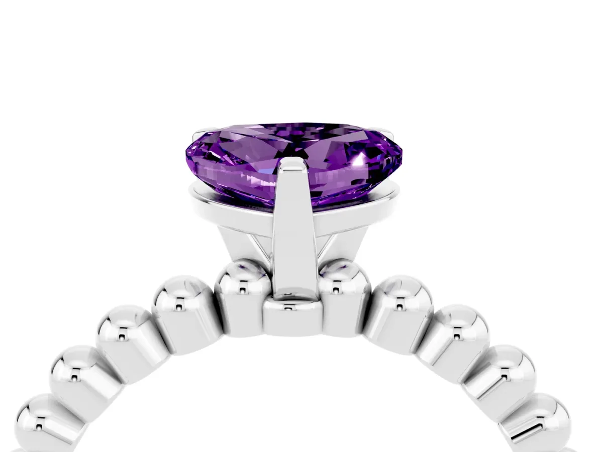 Heart Cut Amethyst Solitaire Ring with Beaded Band and Prong Setting Platinum