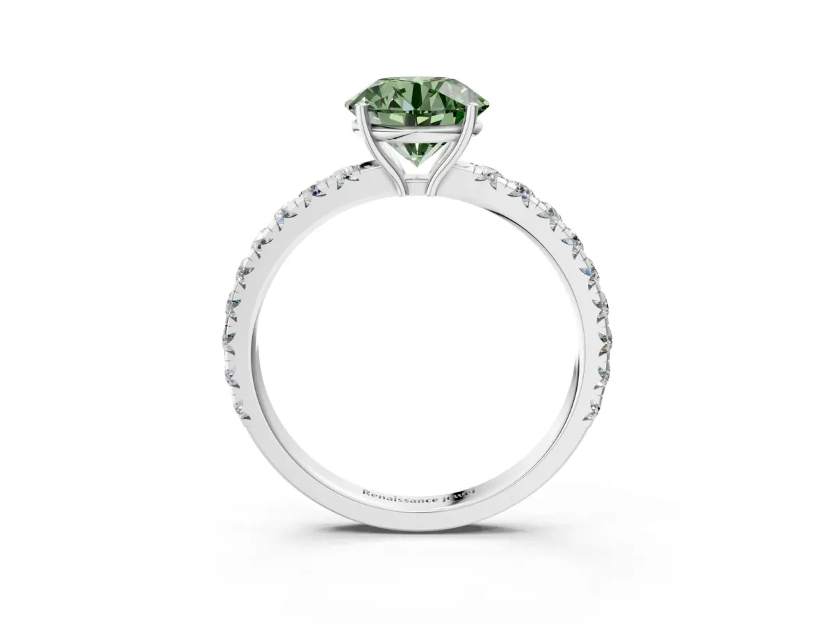 Fancy Green Round Cut Diamond Pavé Solitaire Engagement Ring with Four-Prong Setting Silver