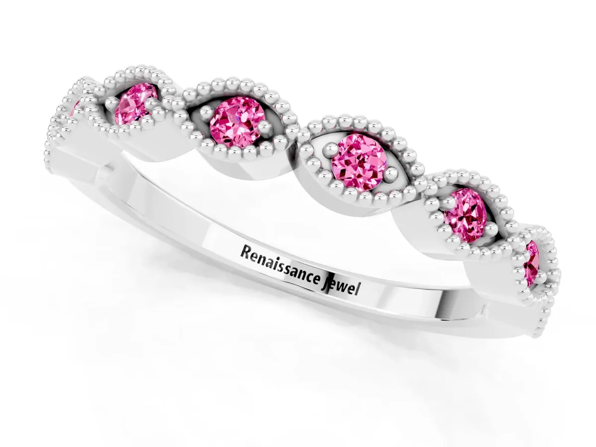 Milgrain Marquise Pink Sapphire Half Eternity Band with Bezel Setting Platinum