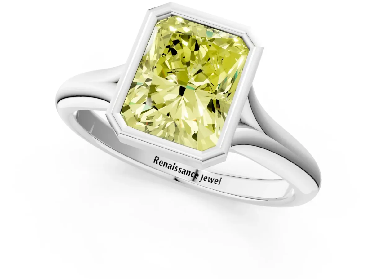 Fancy Yellow Bezel Set Radiant Cut Solitaire Diamond Ring with Smooth Band Platinum