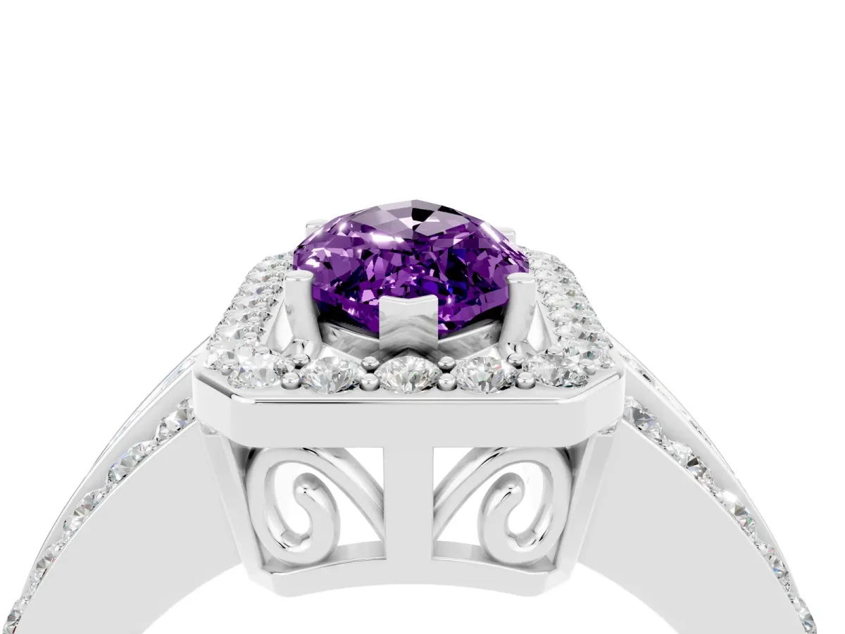 Marquise Cut Halo Amethyst Ring with Round Split Shank and Prong Setting Silver