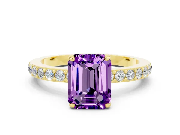 Emerald Cut Amethyst Solitaire Engagement Ring with Pavé Band and Four-Prong Setting Yellow gold