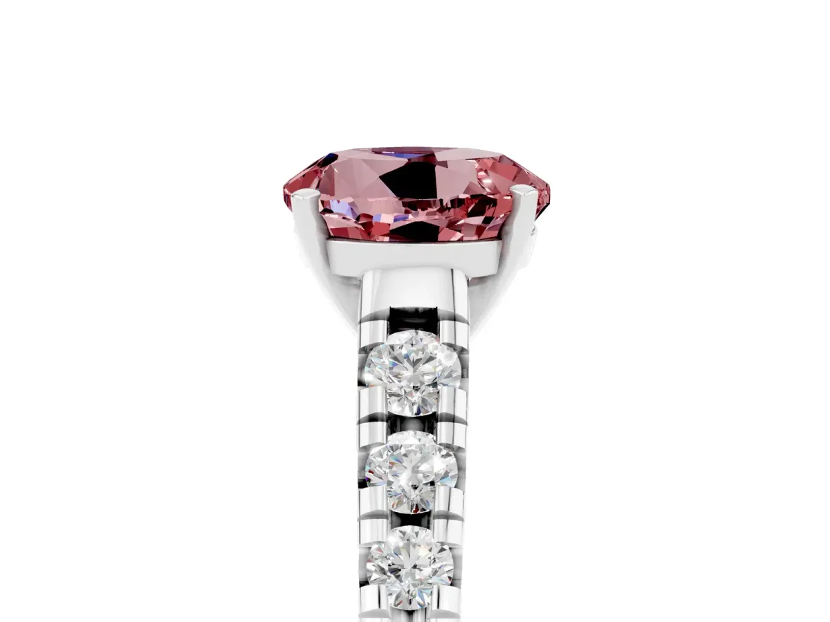 Round Cut Morganite Cathedral Solitaire Ring with Round Pavé Band Platinum