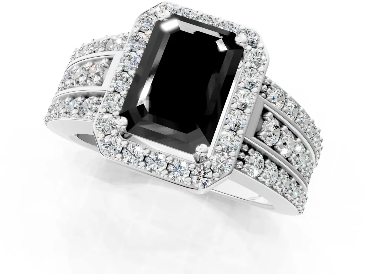 Fancy Black Emerald Cut Halo Diamond Ring with Round Split Shank and Prong Setting Platinum