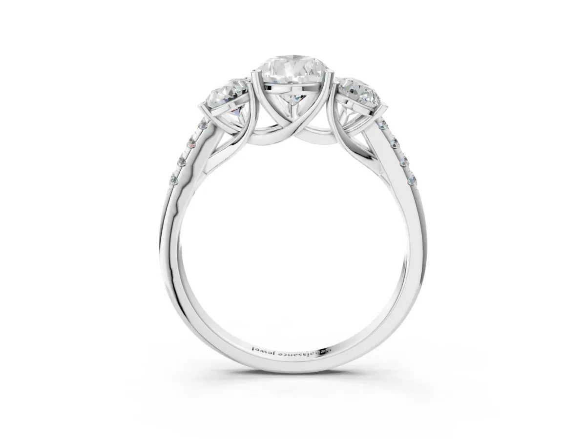 Three-Stone Pear Cut Diamond Ring with Round Pavé Band and Prong Setting White gold