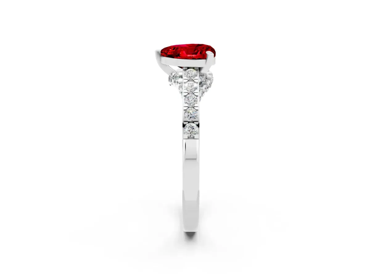 Heart Cut Ruby Solitaire Ring with Crossover Gallery and Round Pavé Band Silver