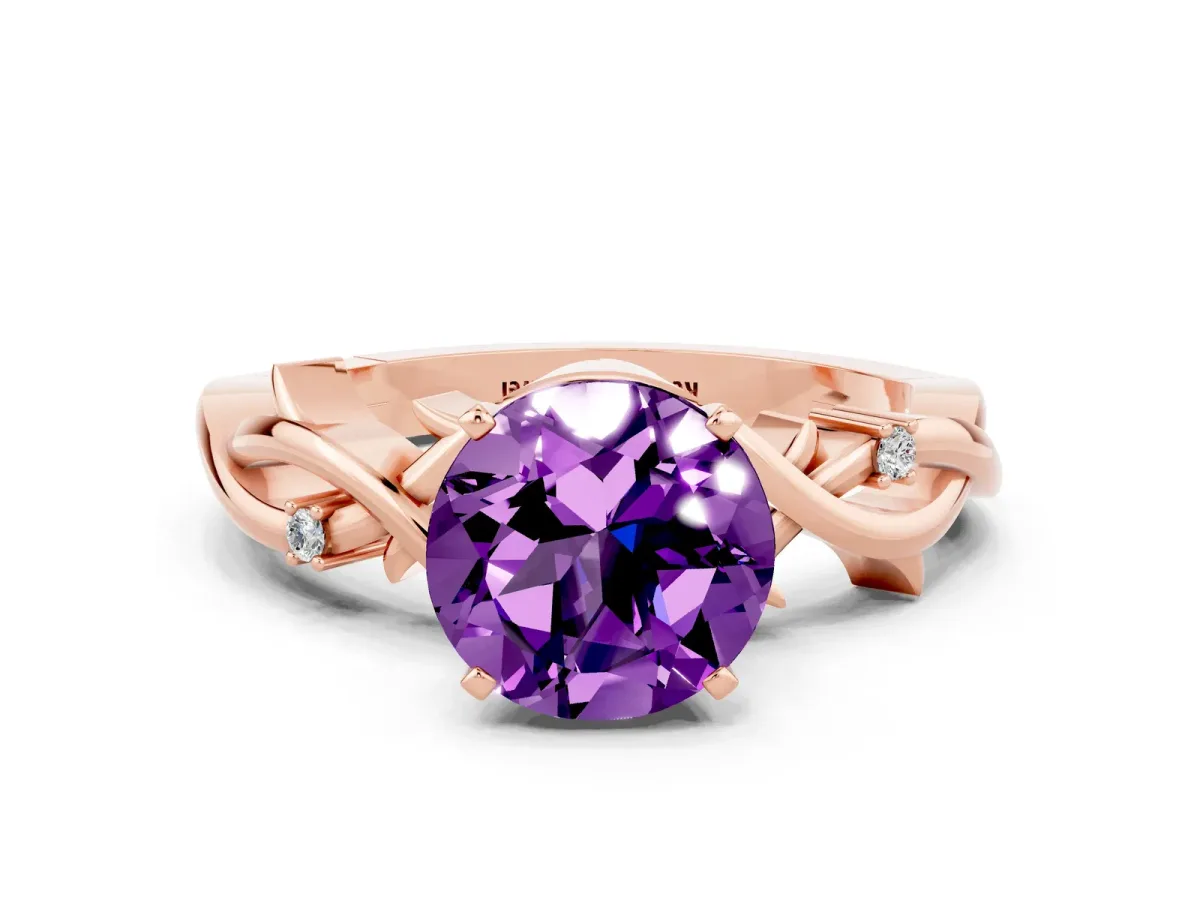 Round Cut Amethyst Solitaire Ring with Twisted Band and Prong Setting Rose gold