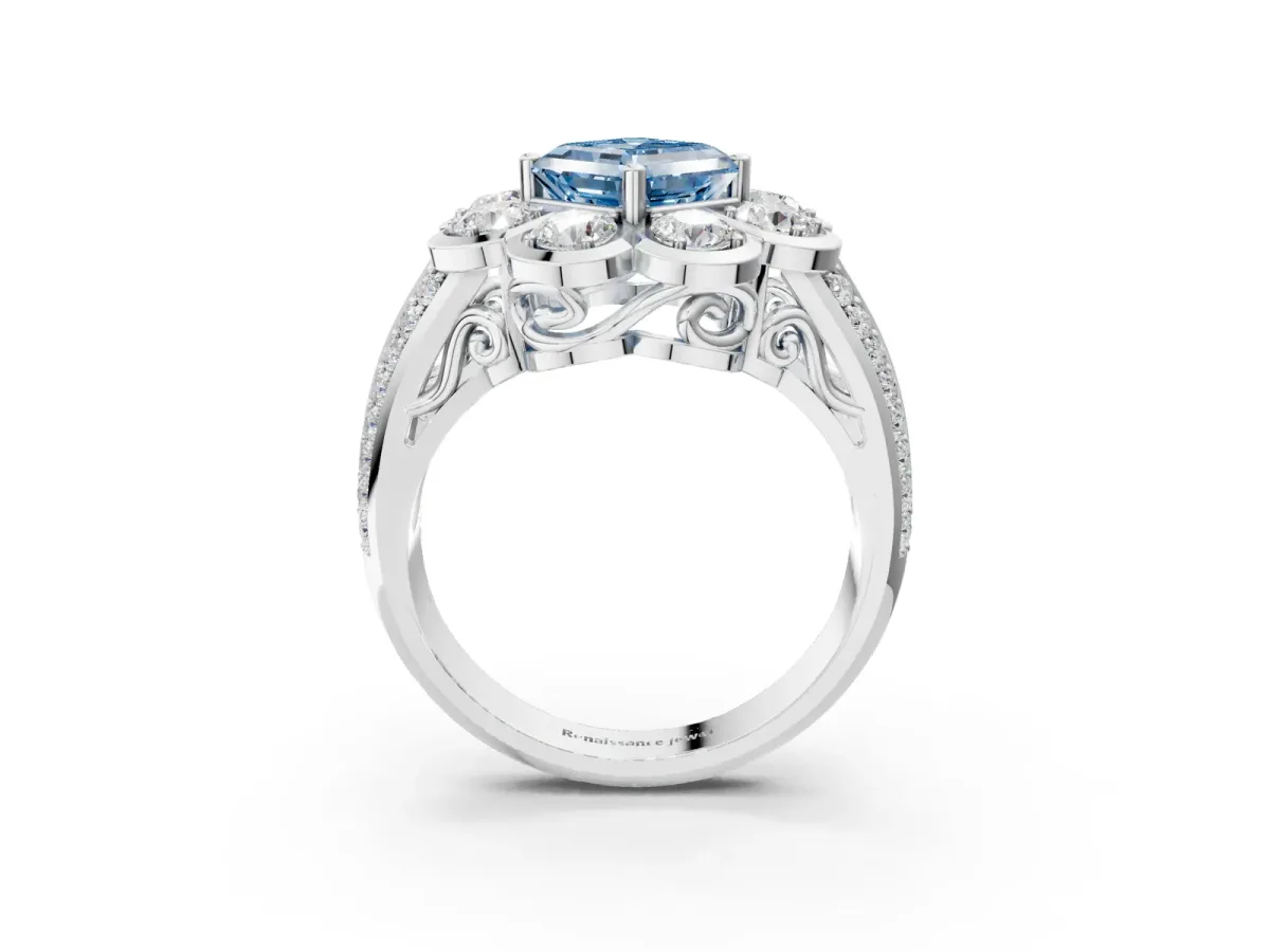 Fancy Blue Asscher Cut Brilliant Flower Halo Diamond Split Shank Ring Platinum