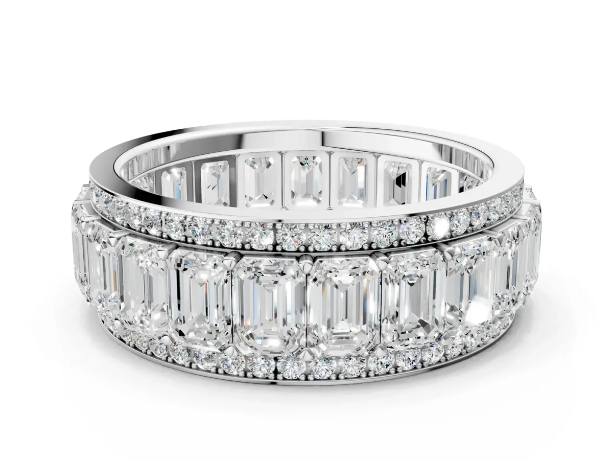 Emerald Cut and Round Diamond Multi-Row Mens Band Silver