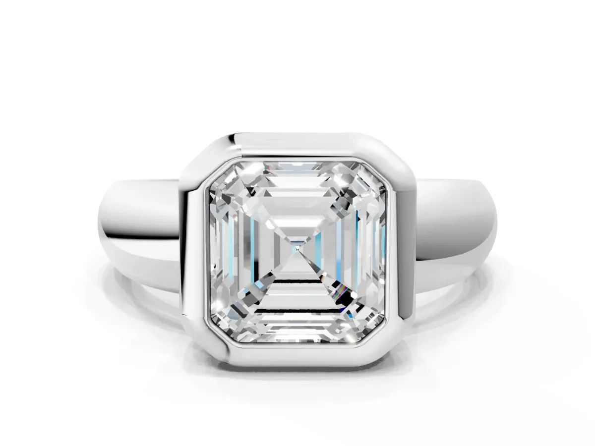 Bezel Set Asscher Cut Solitaire Ring with Wide Band Platinum