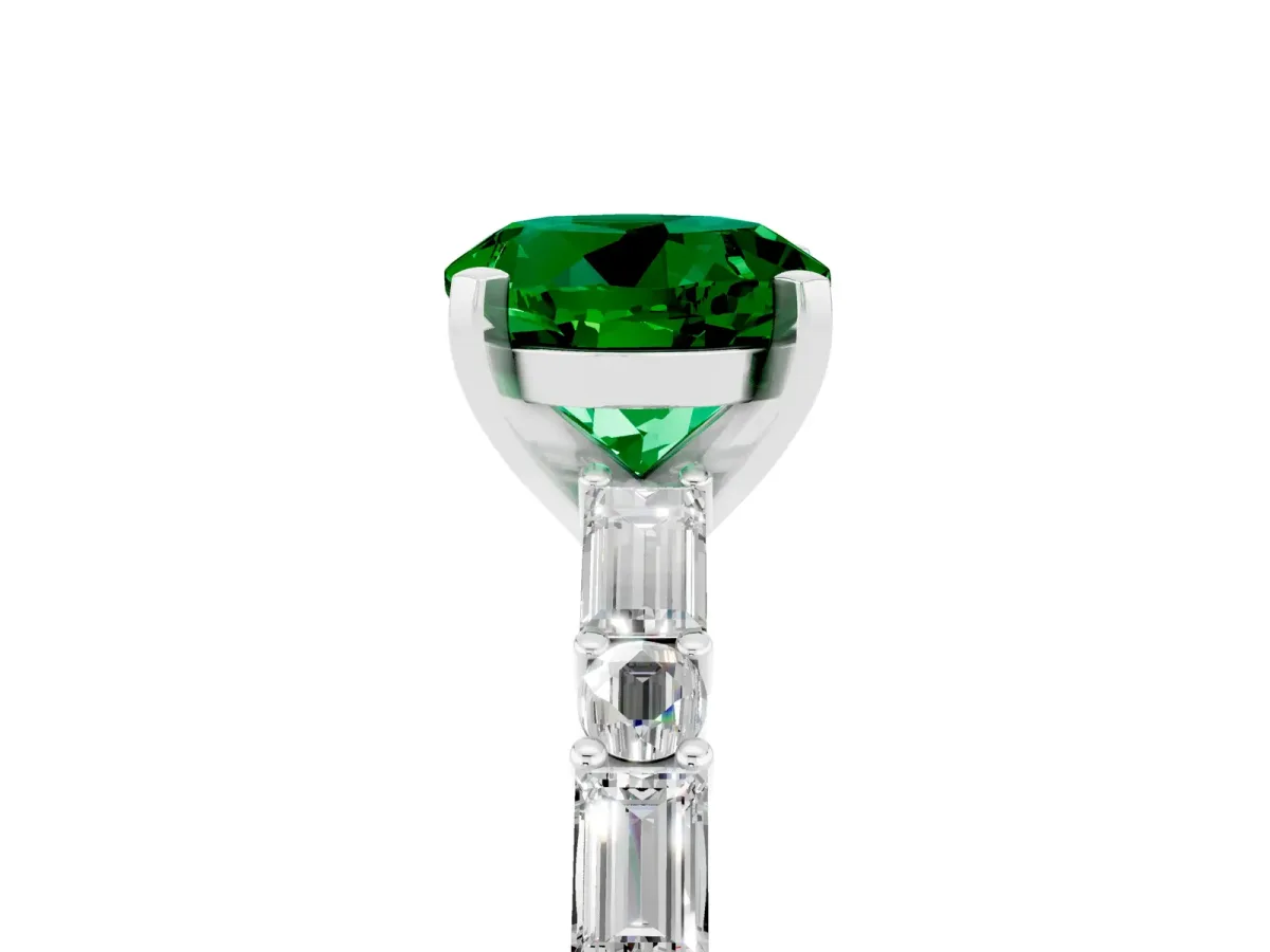 Round Cut Emerald Solitaire with Side Baguettes and Channel Set Band Platinum