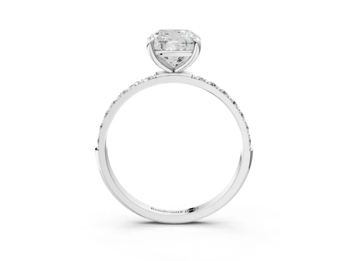 Cushion Cut Diamond Solitaire Ring with Round Pavé Band and Prong Setting Platinum