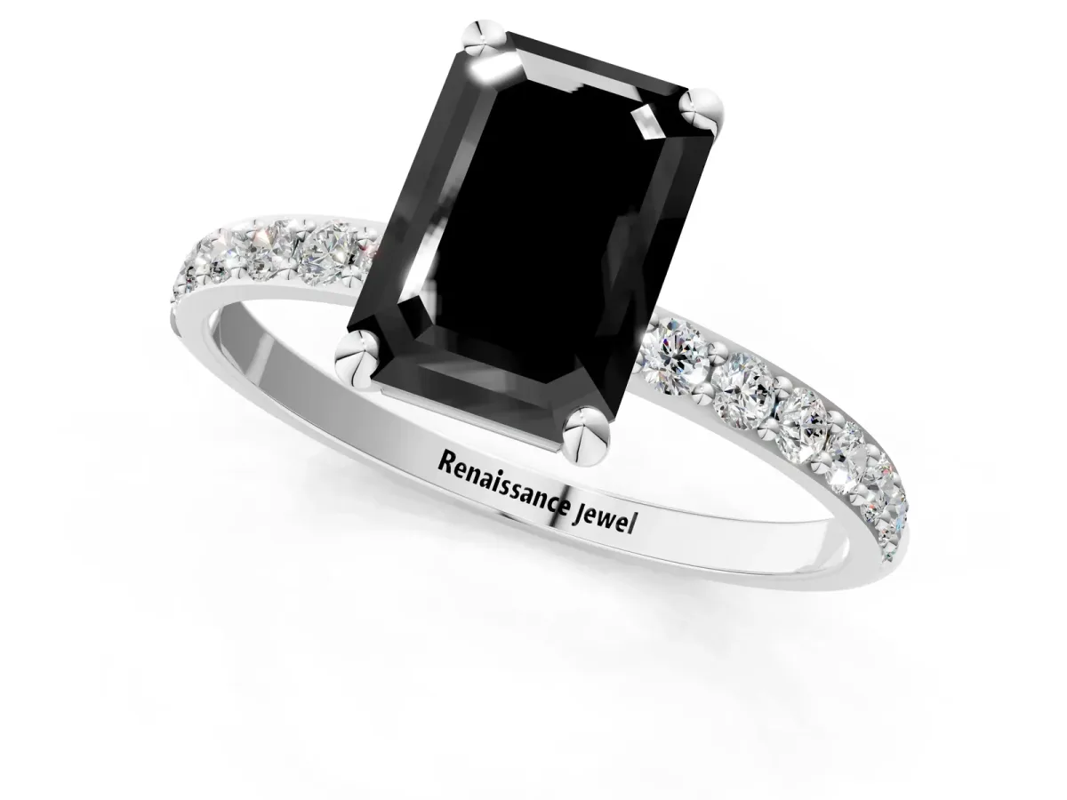 Fancy Black Emerald Cut Diamond Solitaire Ring with Round Pavé Band and Prong Setting Silver