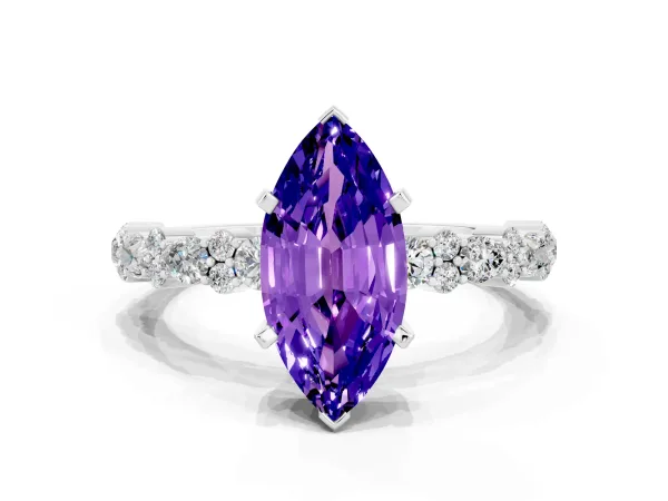 Marquise Cut Tanzanite Side Stone Solitaire Ring with Round and Four-Prong Setting White gold