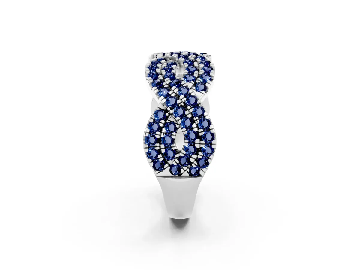 Pavé Round Blue Sapphire Infinity Twist Band with Shared Prong Setting Platinum