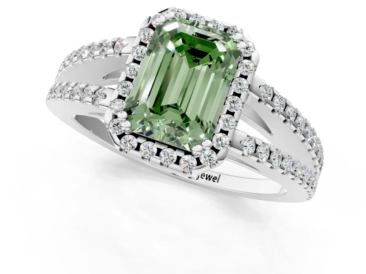 Fancy Green Emerald Cut Diamond Halo Split Shank Engagement Ring Platinum
