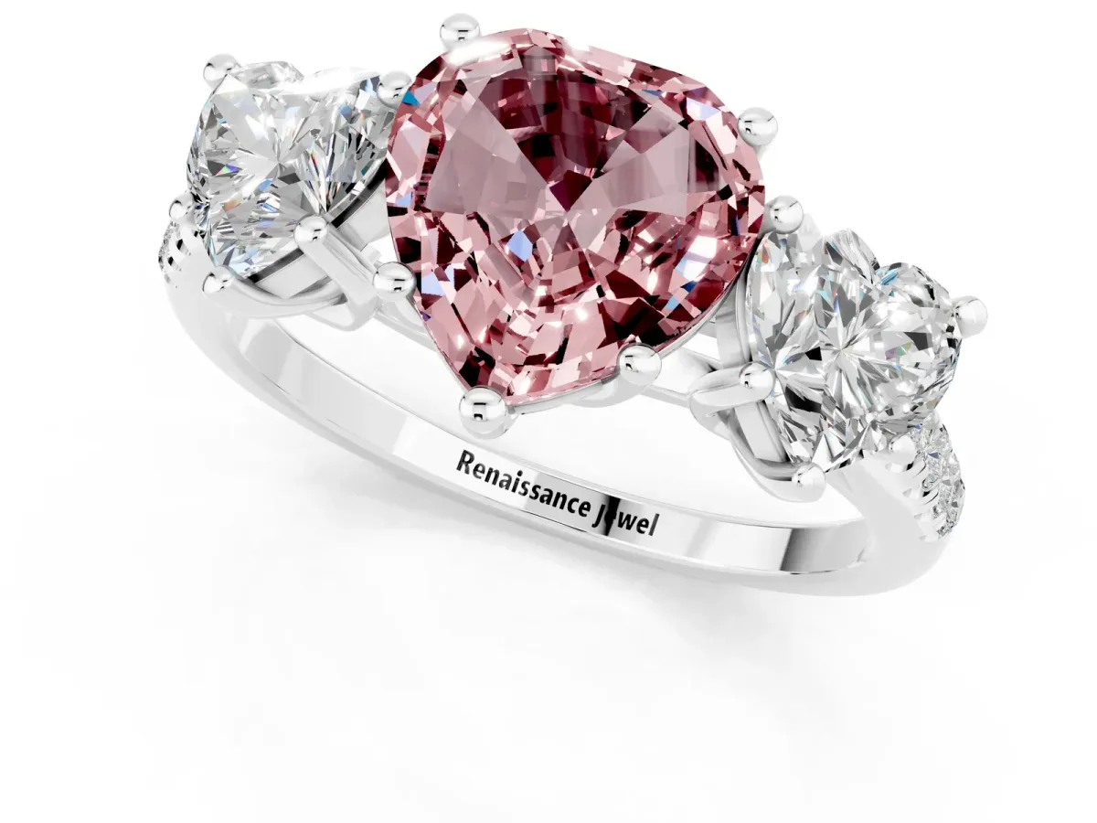 Three-Stone Heart Cut Morganite Ring with Round Pavé Band and Prong Setting Silver