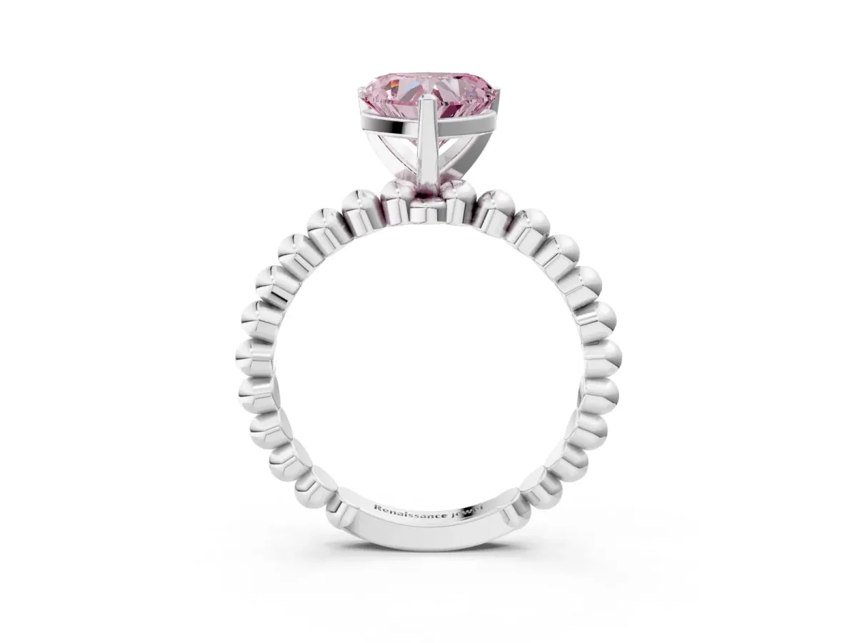 Fancy Pink Heart Cut Diamond Solitaire Ring with Beaded Band and Prong Setting Silver