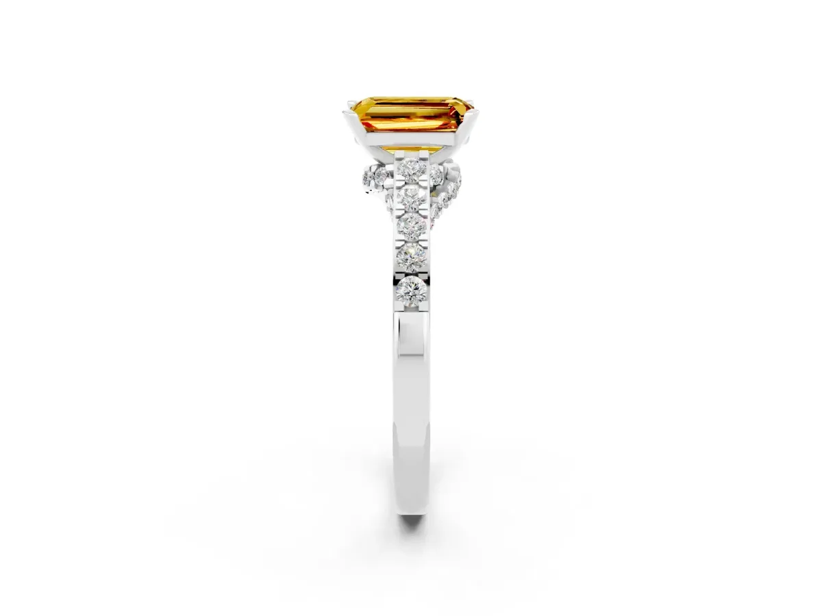 Emerald Cut Citrine Solitaire Ring with Crossover Gallery and Round Pavé Band Silver