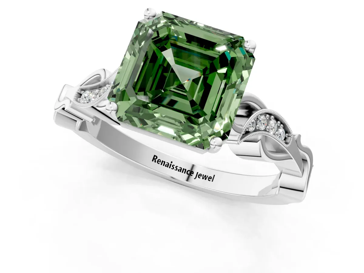 Fancy Green Asscher Cut Solitaire Vine Band with Milgrain Prong Setting Platinum