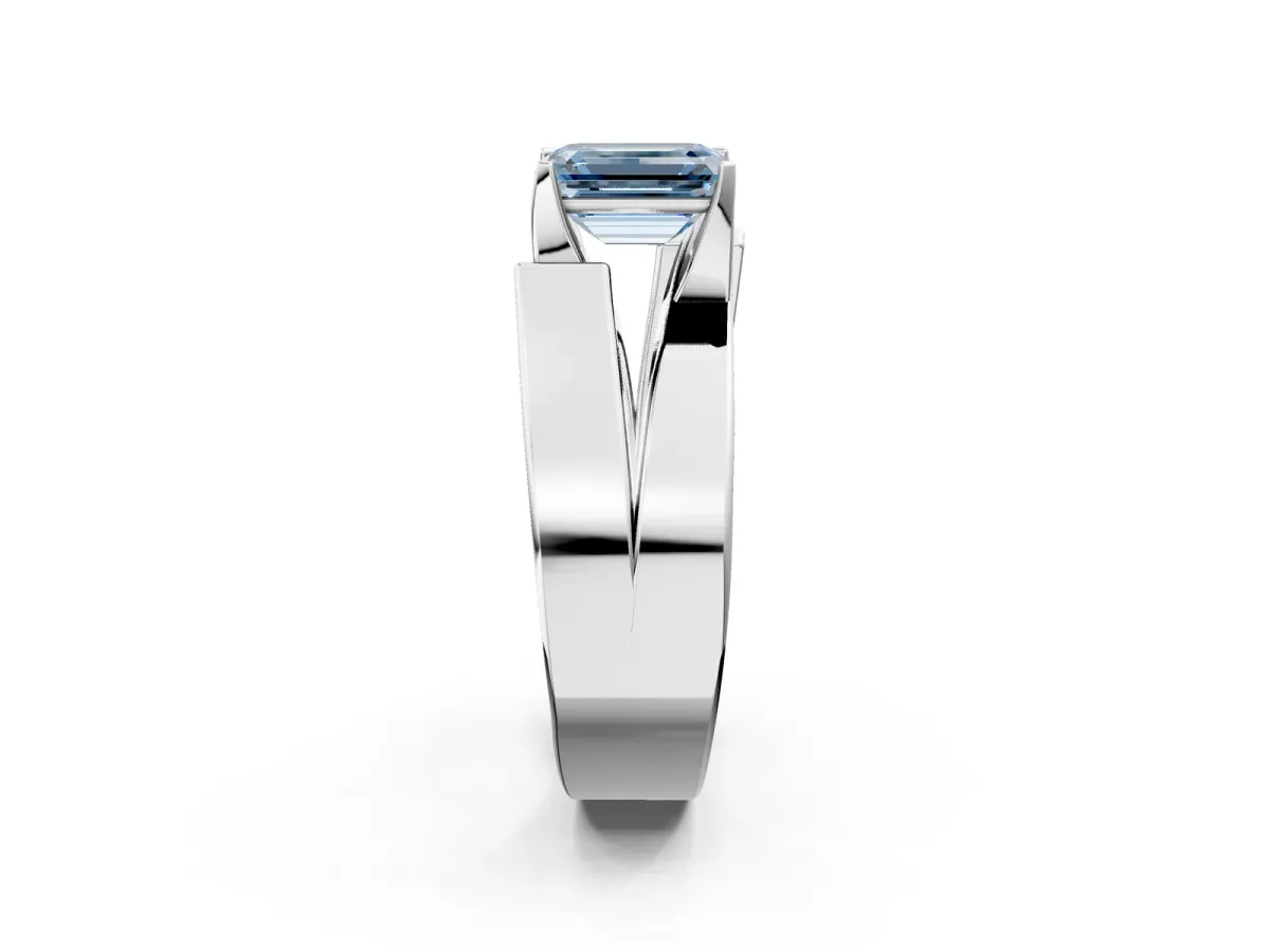 Fancy Blue Modern Tension Set Emerald Cut Diamond Solitaire Wide Band Ring Silver