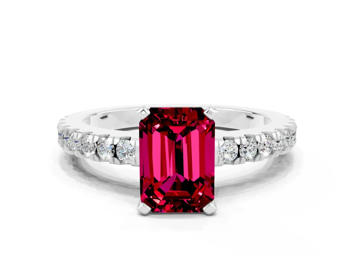 Emerald Cut Solitaire Garnet with Pavé Band and Four-Prong Setting Silver
