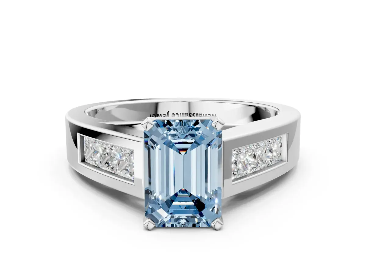 Fancy Blue Emerald Cut Cut Channel Set Solitaire Ring with Four-Prong Setting Platinum