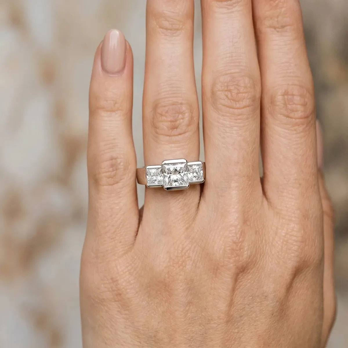 Three Stone Marquise Cut Cut Channel Set Diamond Ring Silver