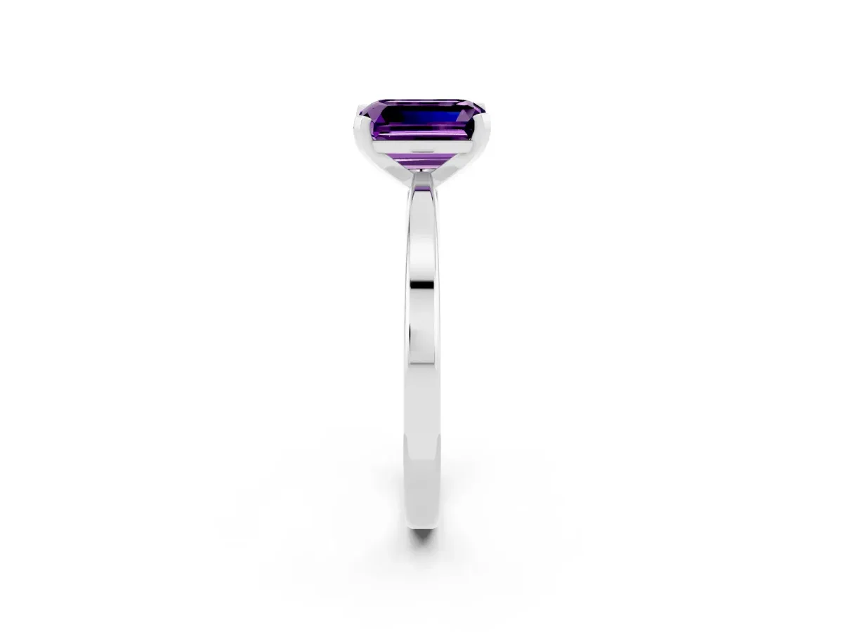 Emerald Cut Amethyst Solitaire Engagement Ring with Classic Band and Four-Prong Setting Silver