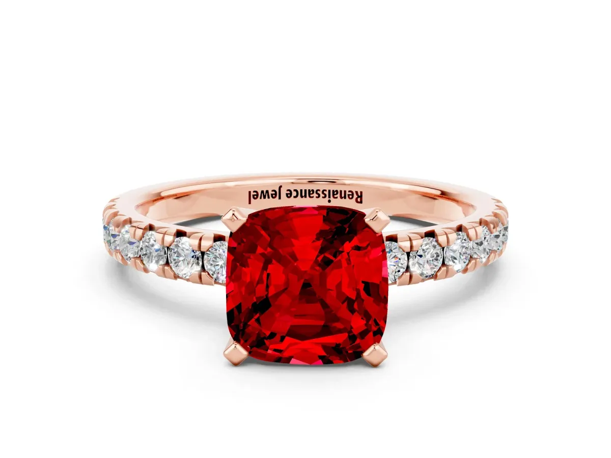 Cushion Cut Ruby Solitaire Pavé Engagement Ring with Round Band and Prong Setting Rose gold