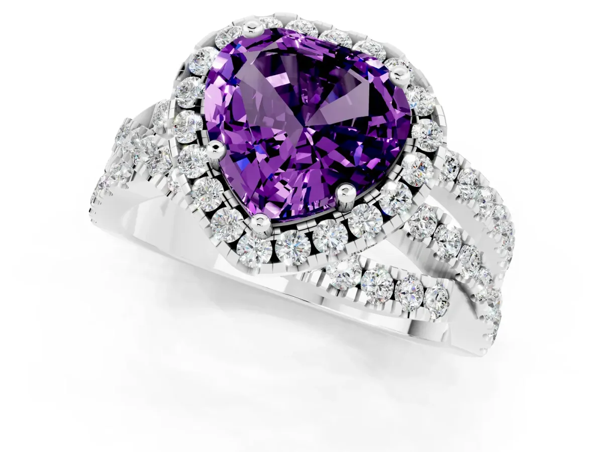 Heart Cut Amethyst Halo Ring with Round Split Shank and Prong Setting Platinum