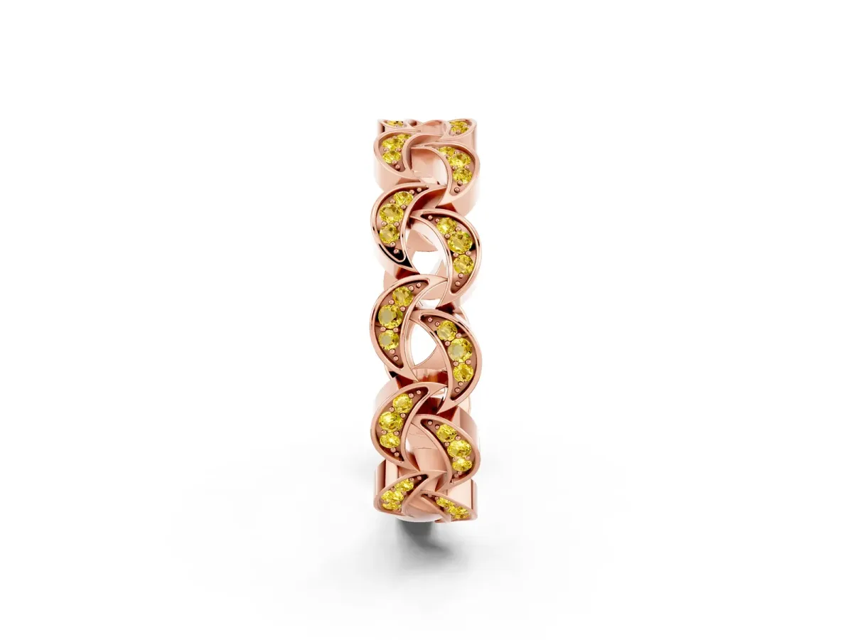Pavé Round Yellow Sapphire Interlocking Eternity Band with Bezel Prong Setting Rose gold