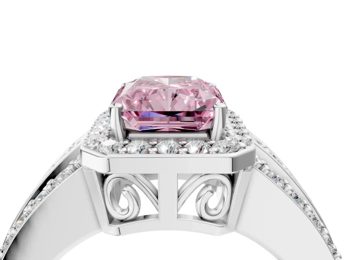 Fancy Pink Radiant Cut Halo Diamond Ring with Round Split Shank and Prong Setting Silver