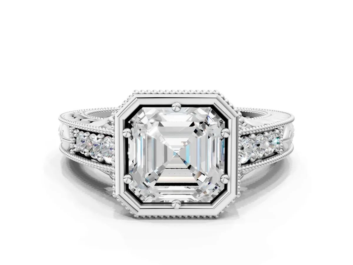 Bezel Set Asscher Cut Diamond Milgrain Pave Engagement Ring Platinum