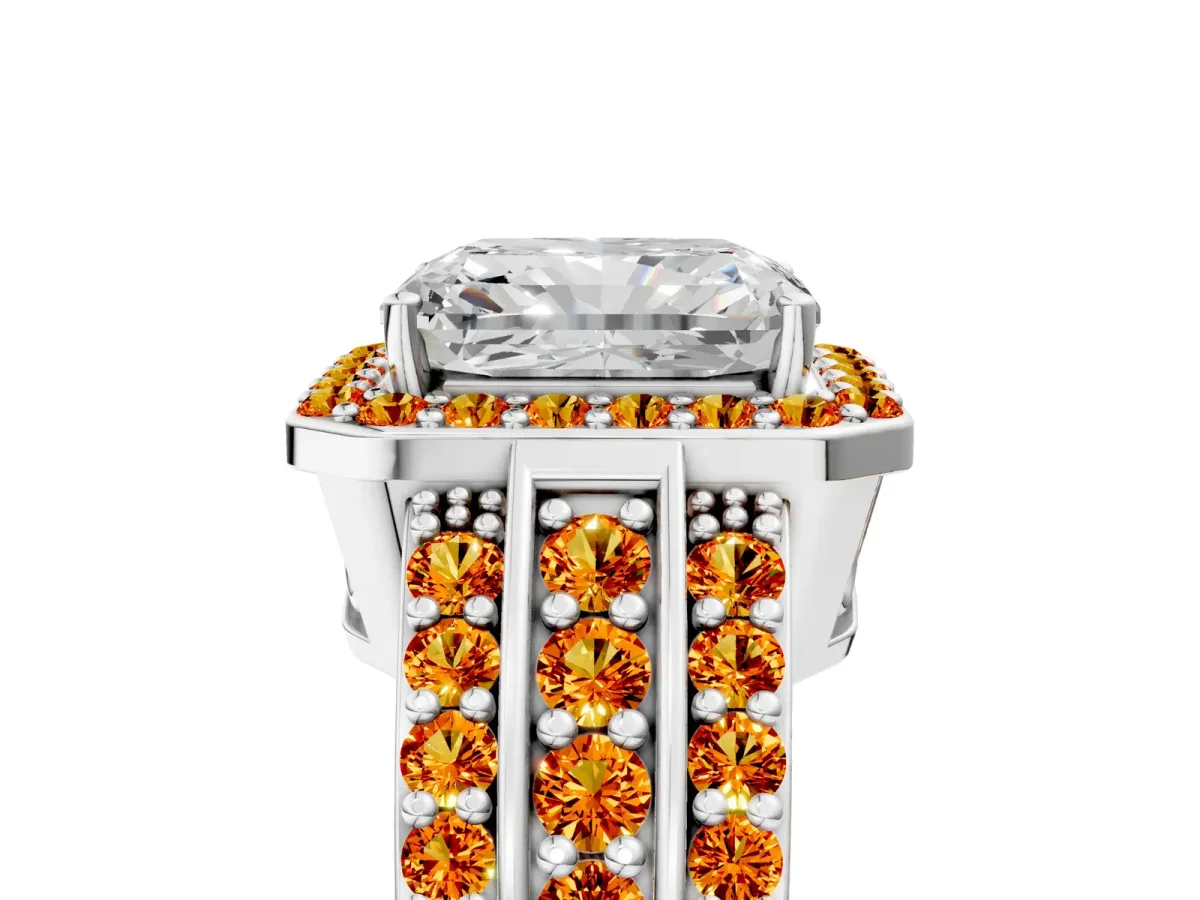 Radiant Cut Halo Diamond Ring with Round Citrine Split Shank and Prong Setting Silver