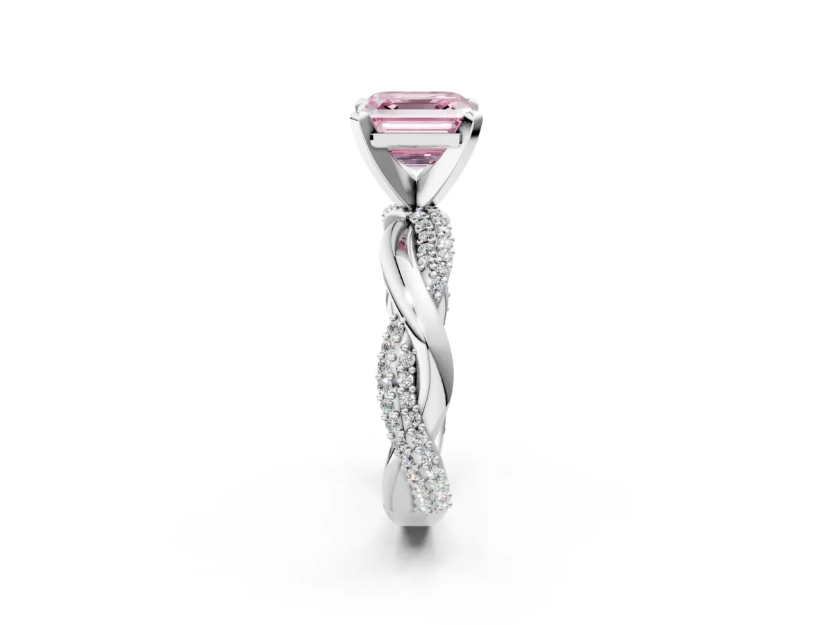 Fancy Pink Asscher Cut Solitaire Twist Band with Pave Prong Setting Platinum