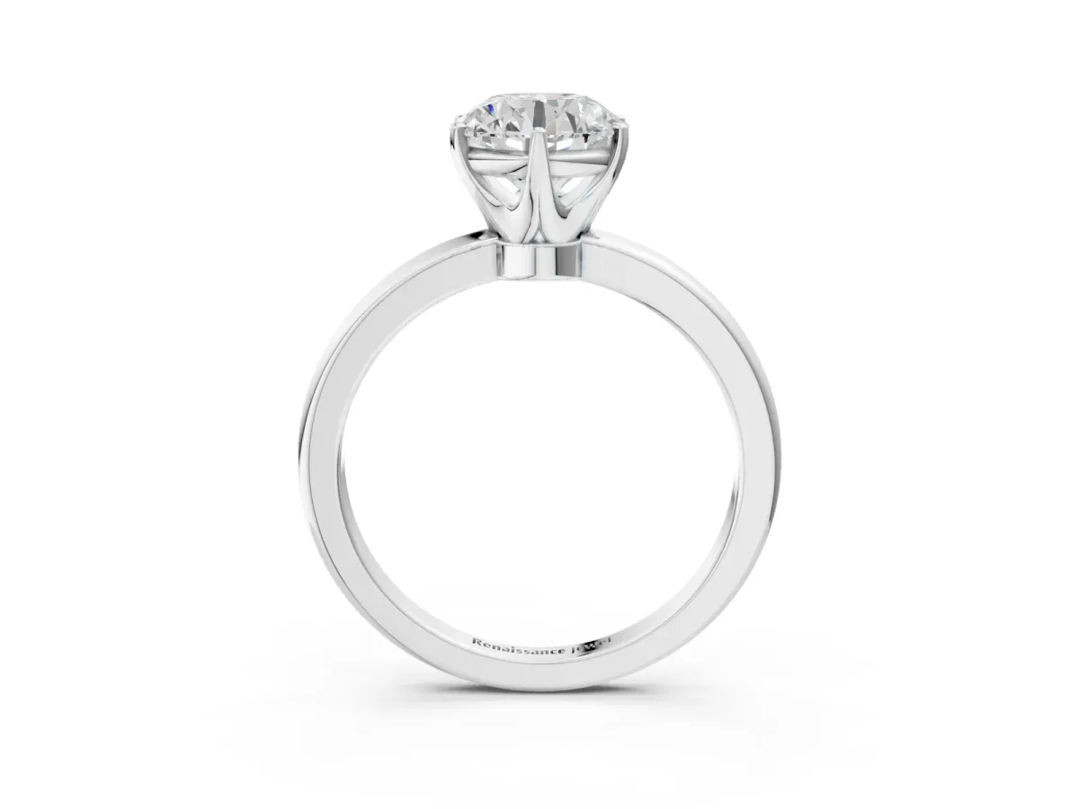 Round Cut Solitaire Diamond Ring with Six-Prong Setting on a Classic Band White gold