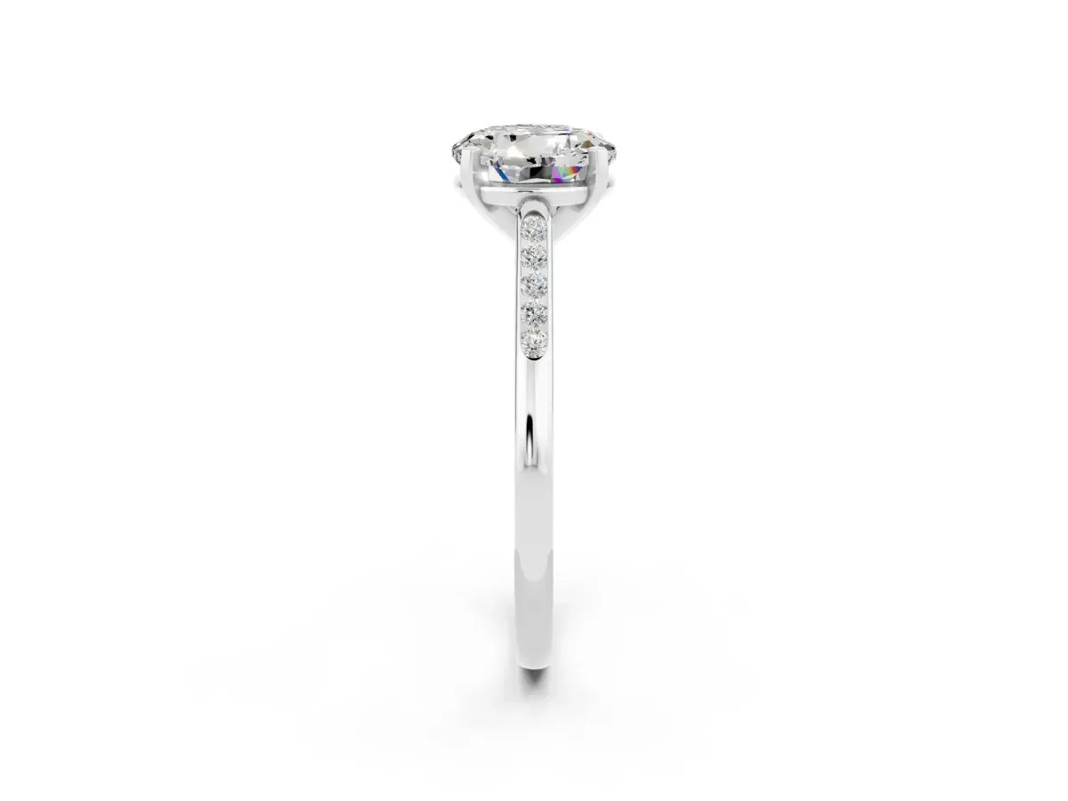 Round Cut Moissanite Solitaire Ring with Channel Set Round Band and Prong Setting Silver