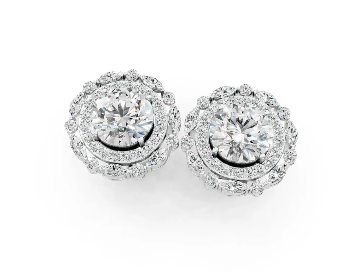 Round Diamond Double Halo Stud Earrings with Prong Setting Platinum