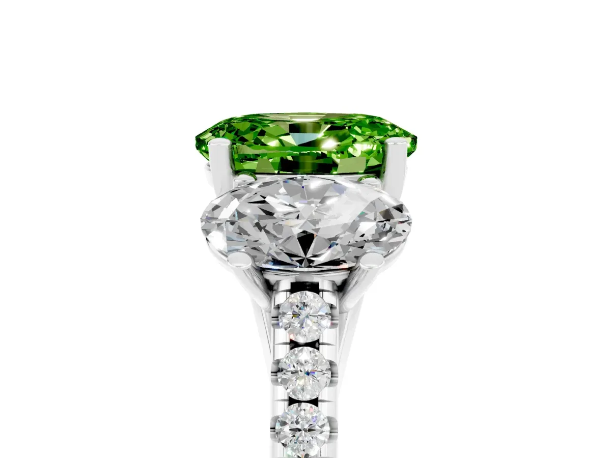 Three-Stone Oval Cut Peridot Ring with Round Pavé Band and Prong Setting Silver