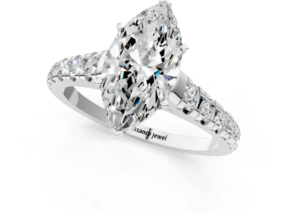 Marquise Cut Diamond Cathedral Solitaire Ring with Round Pavé Band Platinum