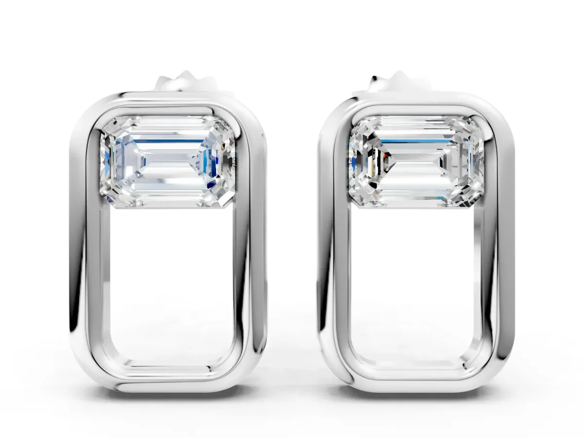 Emerald Diamond Open Frame Stud Earrings Platinum