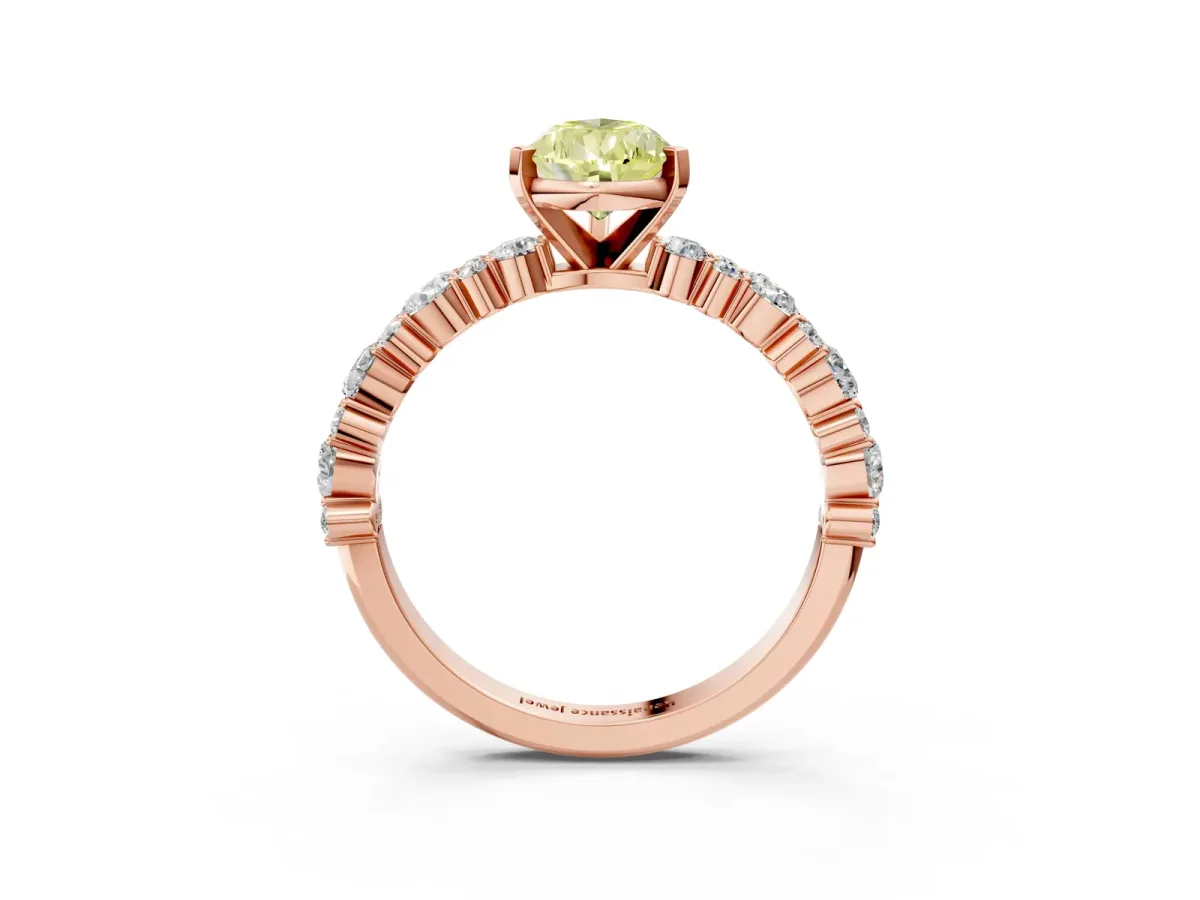 Fancy Yellow Pear Cut Diamond Side Stone Solitaire Ring with Round and Four-Prong Setting Rose gold