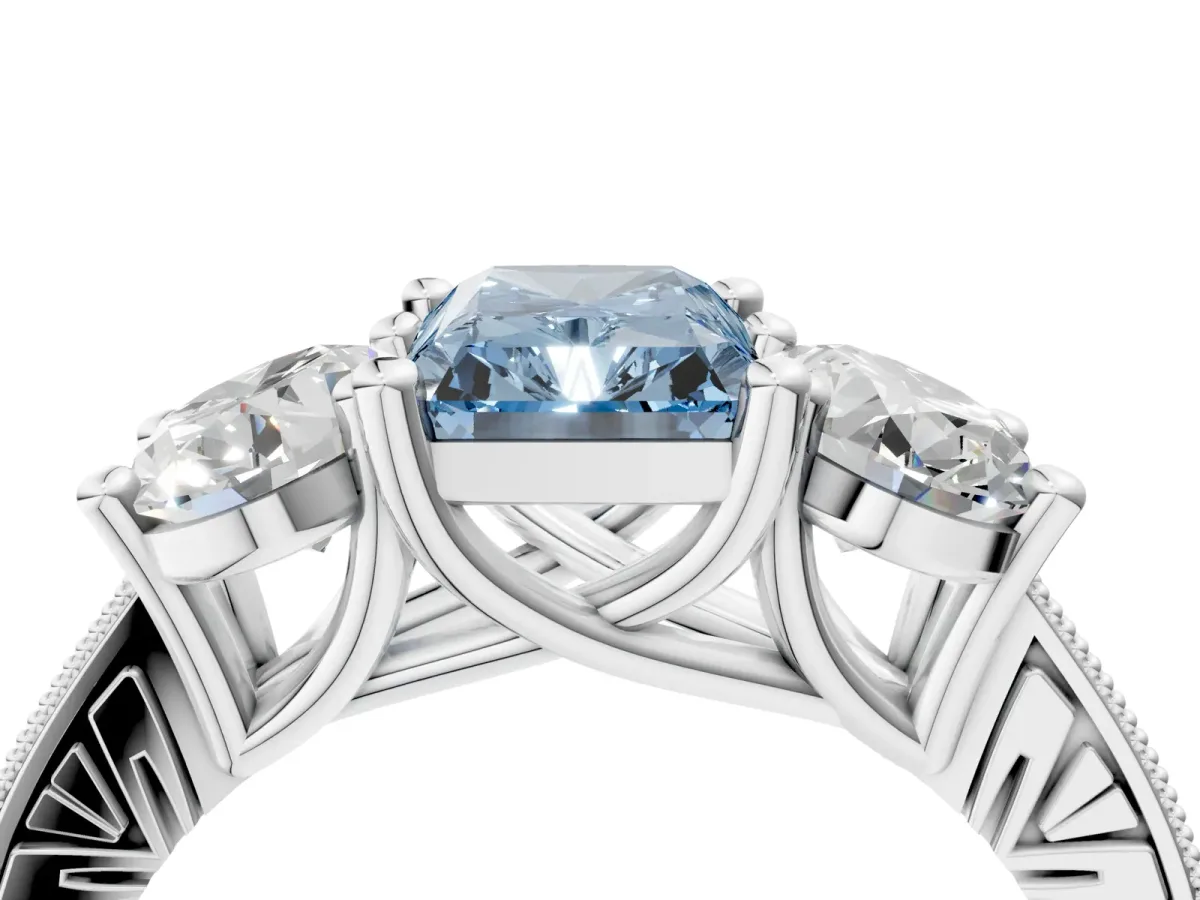 Fancy Blue Three-Stone Radiant Cut Diamond Milgrain Pave Band with Prong Setting Platinum