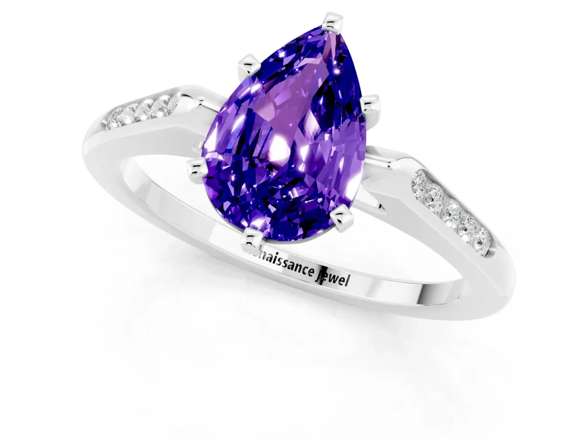 Pear Cut Tanzanite Solitaire Ring with Channel Set Round Band and Prong Setting Silver