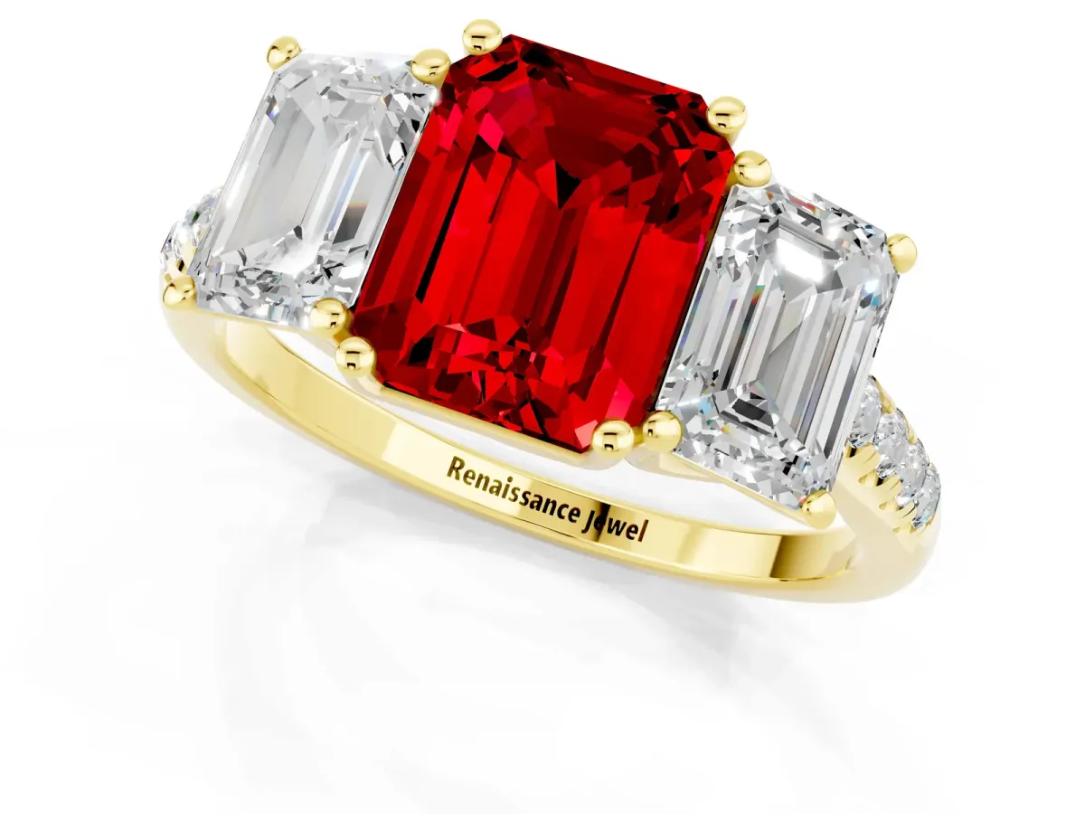 Three-Stone Emerald Cut Ruby Ring with Round Pavé Band and Prong Setting Yellow gold